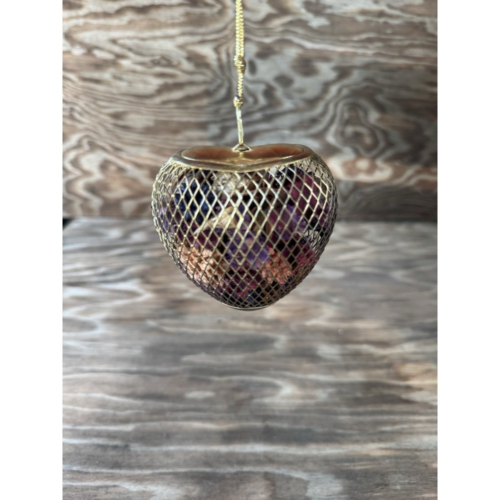 Vintage gold-tone wire mesh heart-shaped potpourri ornament